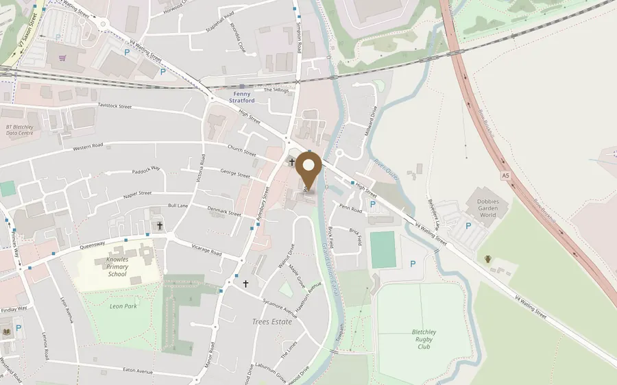 Street map of Fenny Stratford, Bletchley, with a pin marking Glow By Yaz at 21 Wharfside, Milton Keynes MK2 2AZ